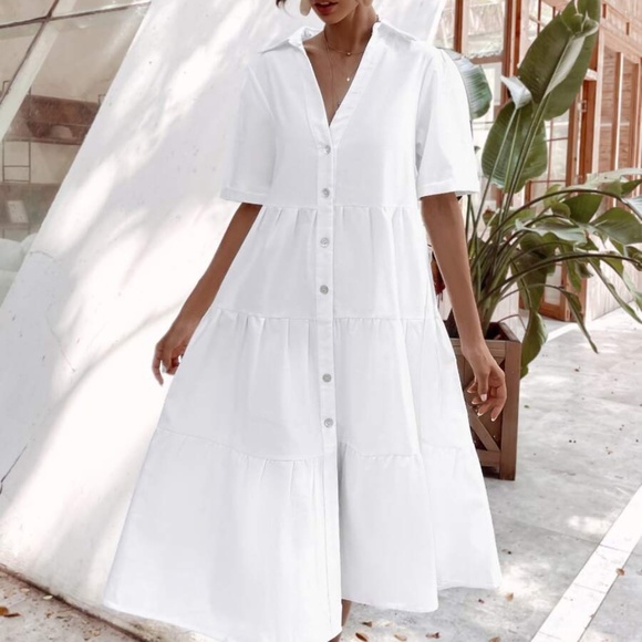 Boho White Button up Ruffle Short Sleeve Dress - Picture 3 of 7